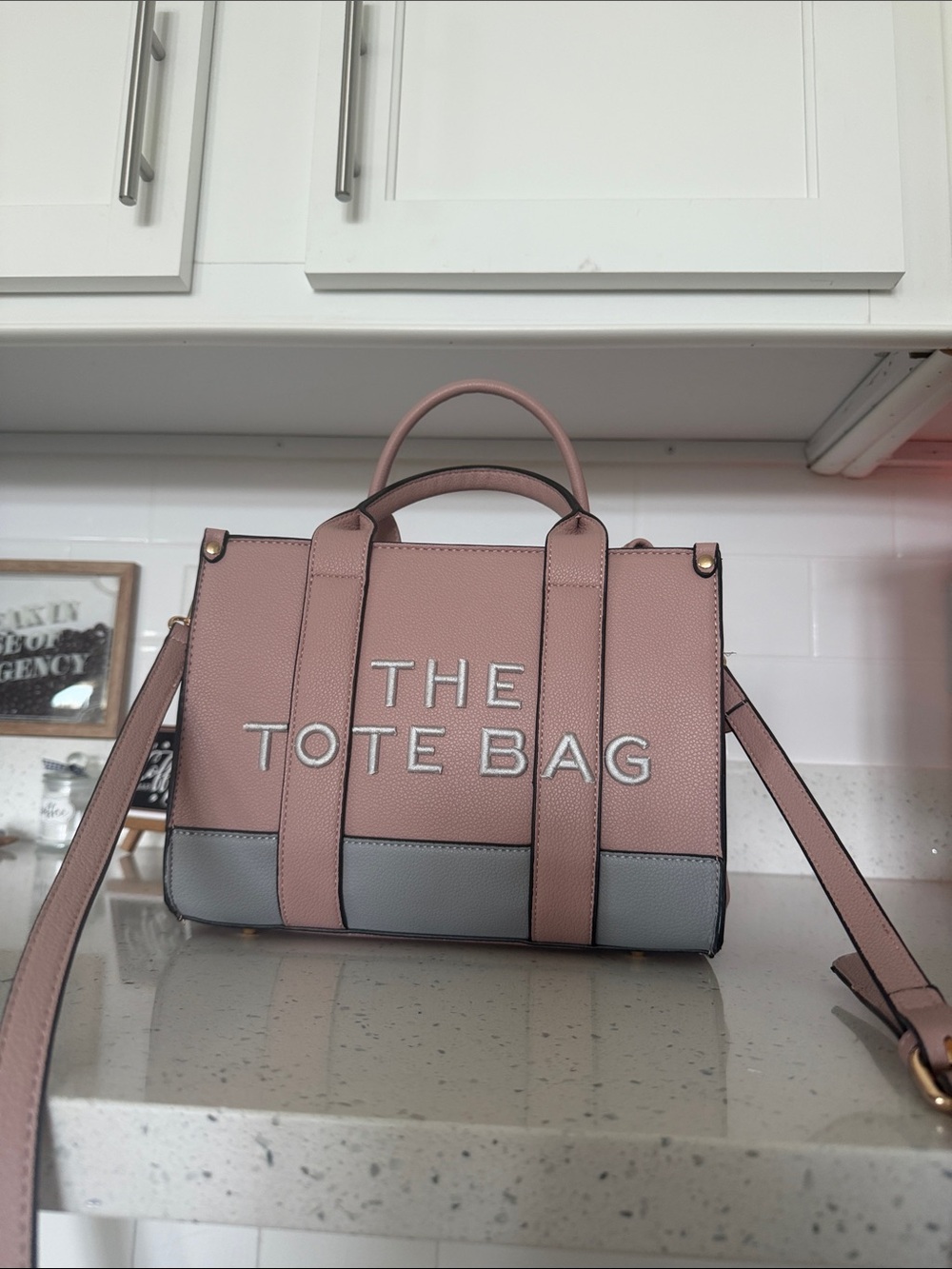 Blush Pink & Light Gray Tote Bag with Top Handles / Crossbody